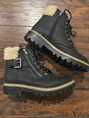 Black Lace-Up Boots with Cozy Cream Shearling Cuffs